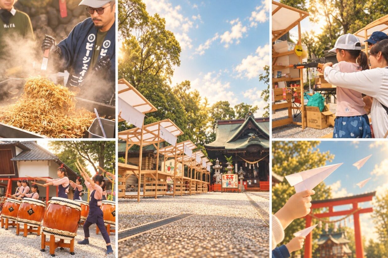 総社神社で「明神様の秋祭り」 
紙ひこうき、スケボー、太鼓、お笑い