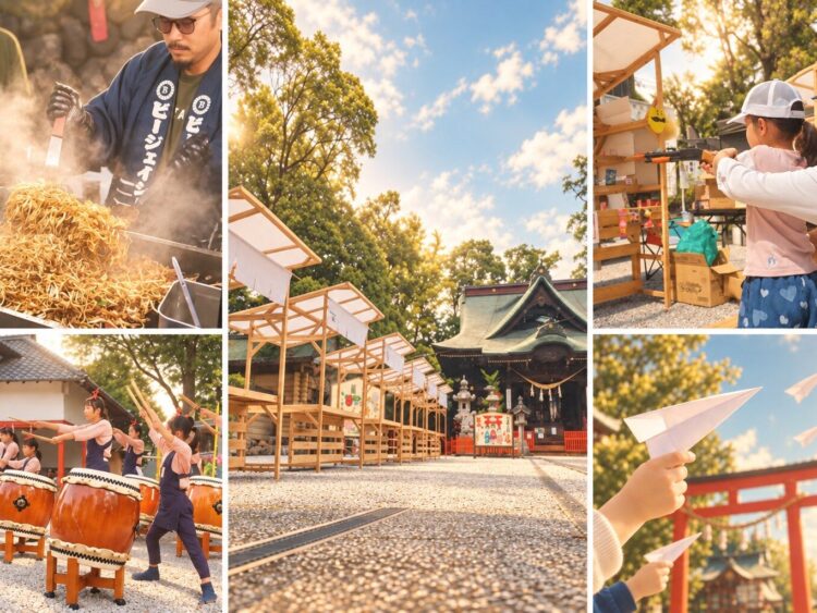 総社神社で「明神様の秋祭り」 
紙ひこうき、スケボー、太鼓、お笑い
